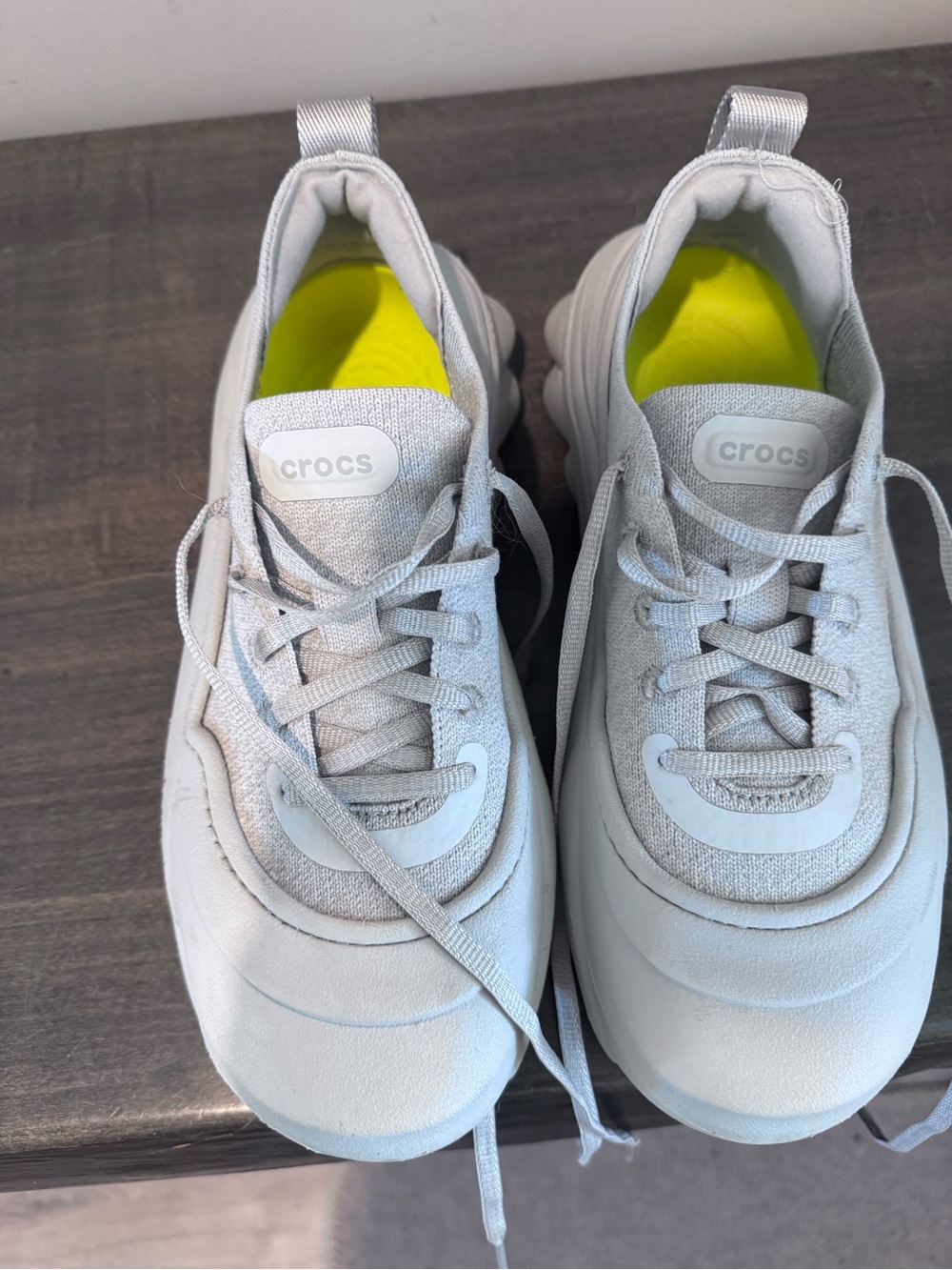 CROCS Light Gray Lace-Up Platform Sneakers with Neon Yellow Insoles